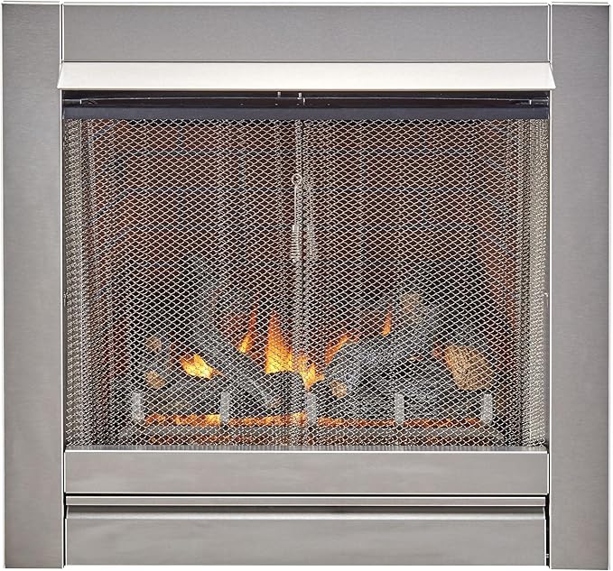 Duluth Forge 24,000 BTU Vent Free Stainless Steel Outdoor Gas Fireplace Insert with Fire Glass Media and Log Set, Manual Control, Natural Gas, Assembled in The USA