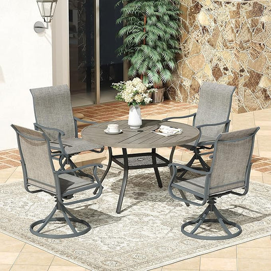 VICLLAX Round Patio Dining Table, 4 Person Metal Outdoor Dining Table with Umbrella Hole and Storage Shelf for Garden Lawn Deck, 40.6" Grey