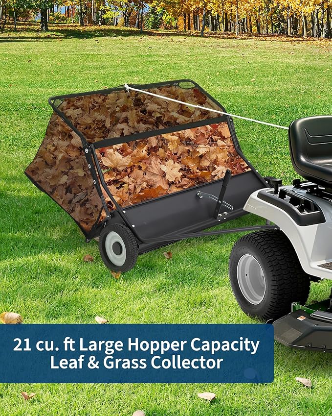 42" Lawn Sweeper Tow Behind, 21 Cu.Ft Capacity Pull Behind Yard Sweeper Large Leaf Collector, Leaf & Grass Catcher with Adjustable Brush Height & Dump from Seat Handle for Yard, Farm, Garden