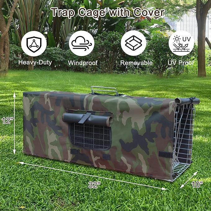 Live Animal Trap Cage with Cover, Cat Trap for Stray Cats 32 Inch Heavy Duty Folding Skunk Traps with Real Door for Raccoons, Opossums, Groundhogs, Skunks, Feral Cats, Squirrels-(32 x 10 x 12 inches)