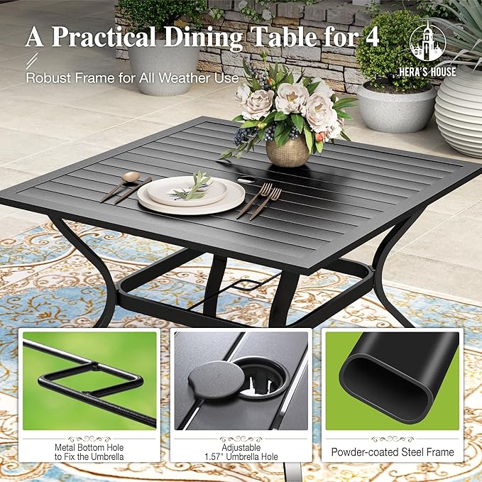 HERA'S HOUSE 37" Square Outdoor Dining Table for 4, 4-Person Metal Steel Slat Patio Table with Umbrella Hole for Lawn Garden Backyard, Black