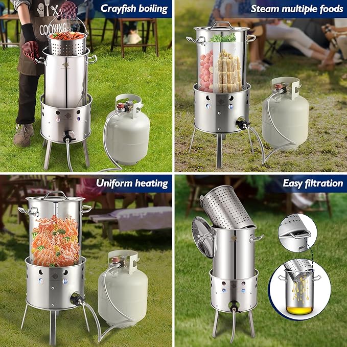 ARC 32QT Stainless Steel Turkey Fryer Kit With Burner, Seafood Boil Pot And Burner With Basket,Crawfish Boil Tamale Steamer Crab Boil Pot With Injector Thermometer, High Temperature Resistant Gloves