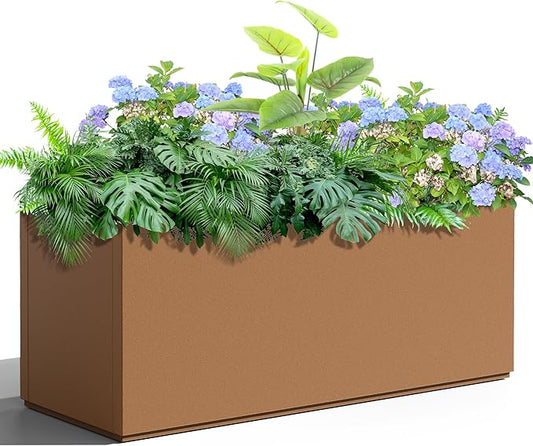 Metal Planter Box Rectangular Planter Box with Drainage Hole, Outdoor Large Planters, All-Weather Use, Rust-Resistance, for Flowers Plants, 38" L × 15" W × 16.3" H, Brown