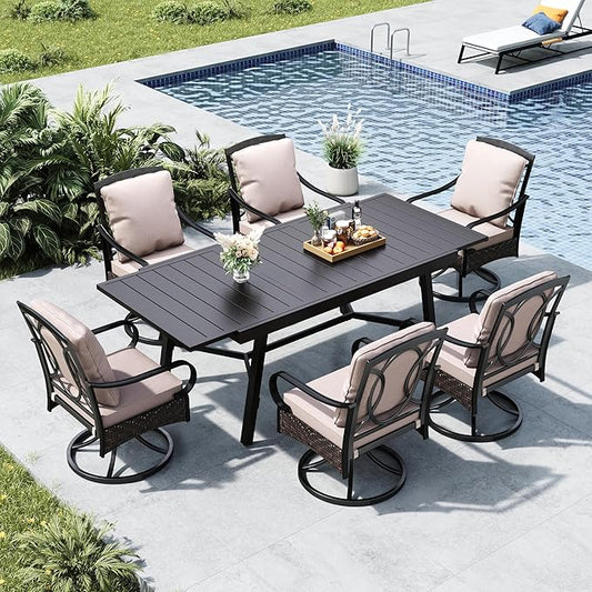 MFSTUDIO Outdoor Dining Set with Swivel Chairs, Expandable Metal Patio Table and Chairs, Heavy Duty Outdoor Dining Sets for 6, 7 Pieces Patio Dining Furniture with Rectangular Table