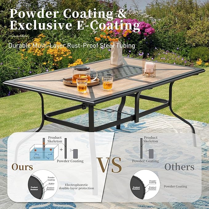 61" Patio Dining Table for 6,Teak Color Rectangle Patio Table with Umbrella Hole,E-Coating and Powder Coating Steel Frame Metal Outdoor Patio Table for Garden Backyard Lawn Yard