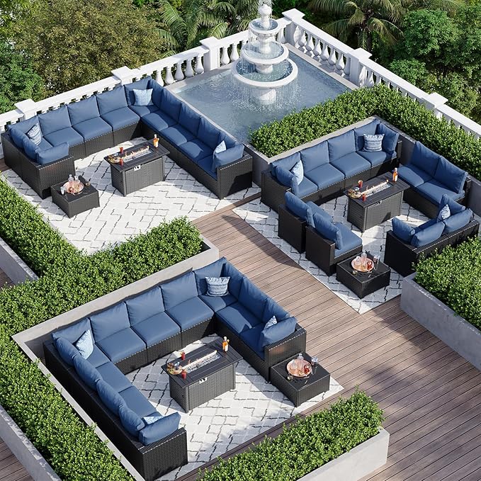 Aoxun 12 Piece Patio Furniture Set with 44” Fire Pit Table Wicker Rattan Patio Sectional Sofa Set Outdoor Seating Furniture with Thickened Cushion, Navy Blue