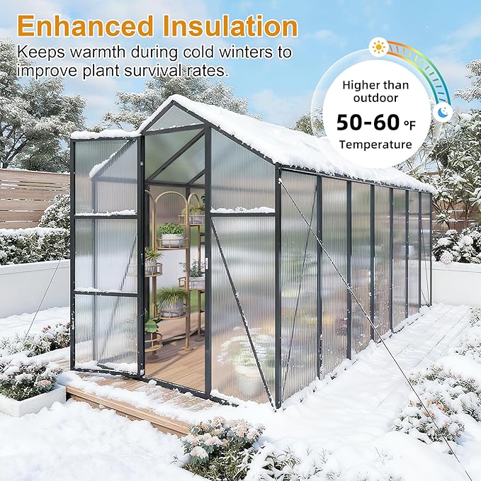 KEIKI Aluminum 6x14 FT Walk-in Polycarbonate Greenhouse, Outdoor Gardening Greenhouse with Raised Base, Roof Vent & Weather-Resistant Panels, Black