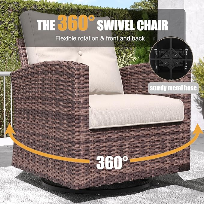 LayinSun 7 Pieces Patio Furniture Set with Swivel Chairs, Rattan Wicker Rocking Glide Chairs with 44" Propane Gas Fire Pit Table Conversation Set
