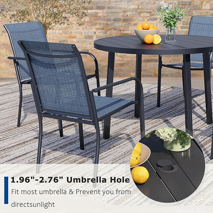 5 Pieces Patio Dining Set for 4, Blue Patio Stackable Chairs and Black Round Table Set of 4, Outdoor Furniture Set with Sling Support for Outside, Garden
