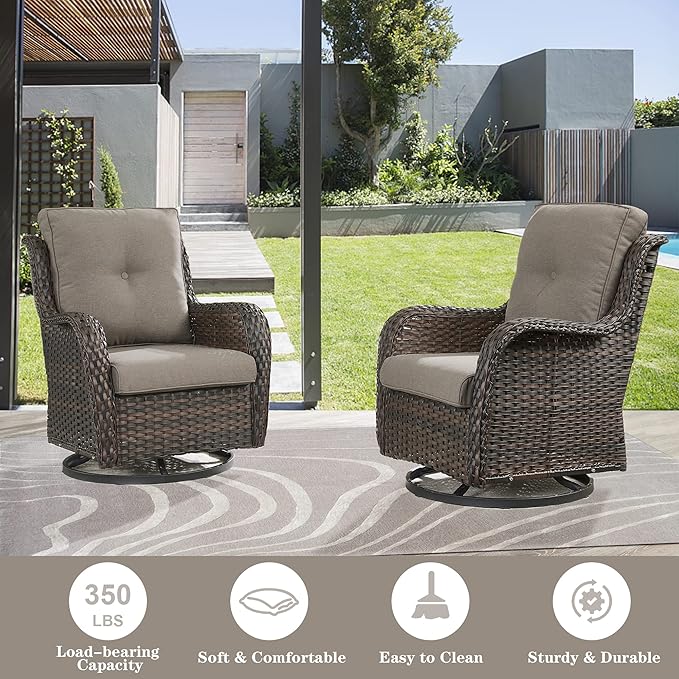 Belord Outdoor Furniture Sectional Sofa L Shaped Couch - Patio Wicker Set with 2 Swivel Glider Chairs, 5 Piece Rattan Patio Conversation Sets with Gray Cushion for Deck Backyard Sunroom