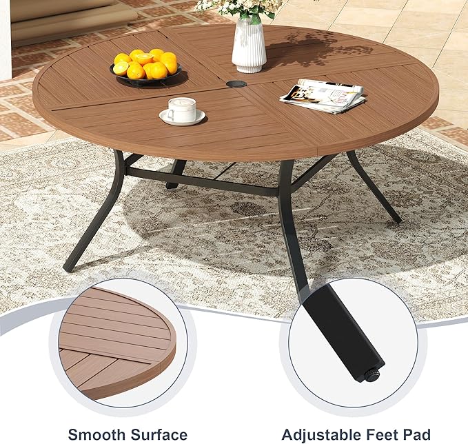 VICLLAX Round Patio Dining Table, 8-10 Person Metal Outdoor Dining Table with Umbrella Hole and Storage Shelf for Garden Lawn Deck, 60" Walnut