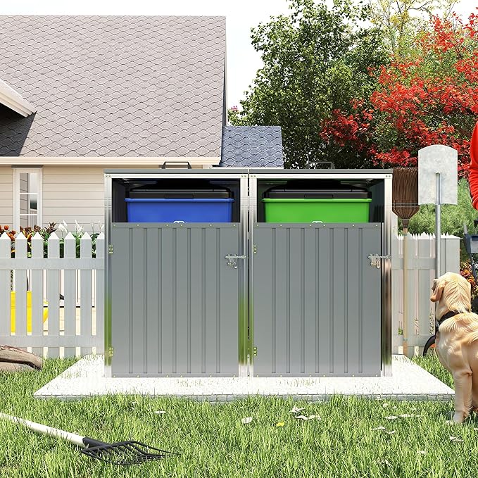 Outdoor Storage Shed Metal Trash Can Storage,54 Cu.Ft Garbage Can Storage Shed W/Lid Chain,Hydraulic Mechanism & Pneumatic Spring Support Rods,for 2 Trash Bins,Bike,Garden Tools,Light Gray