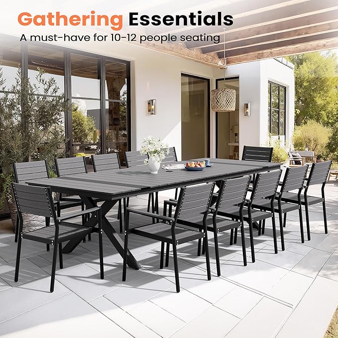 Pellebant 118" Outdoor Dining Table for 8-12 Person, Aluminum Patio Dining Table with Umbrella Hole, Waterproof Wood-Like Tabletop for Lawn Garden Backyard, Grey