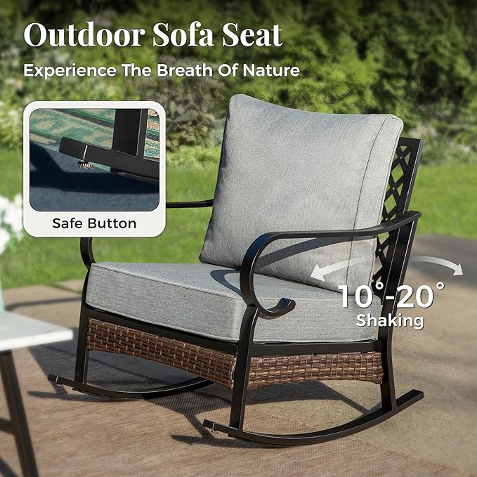 Patio Furniture Set with Firepit Table, Black Frame Outdoor Conversation Set with 2 x Rocking Chairs, 1 x 2-Seat Sofa, 1 x 3-Seat Sofa for Lawn Garden Backyard, Grey