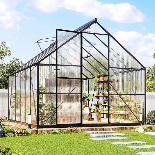 Jocisland 8x12Ft Polycarbonate Greenhouse, Heavy Duty Aluminum Frame with 2 Windows & Swing Doors, Outdoor Garden Greenhouses for Backyard, Black