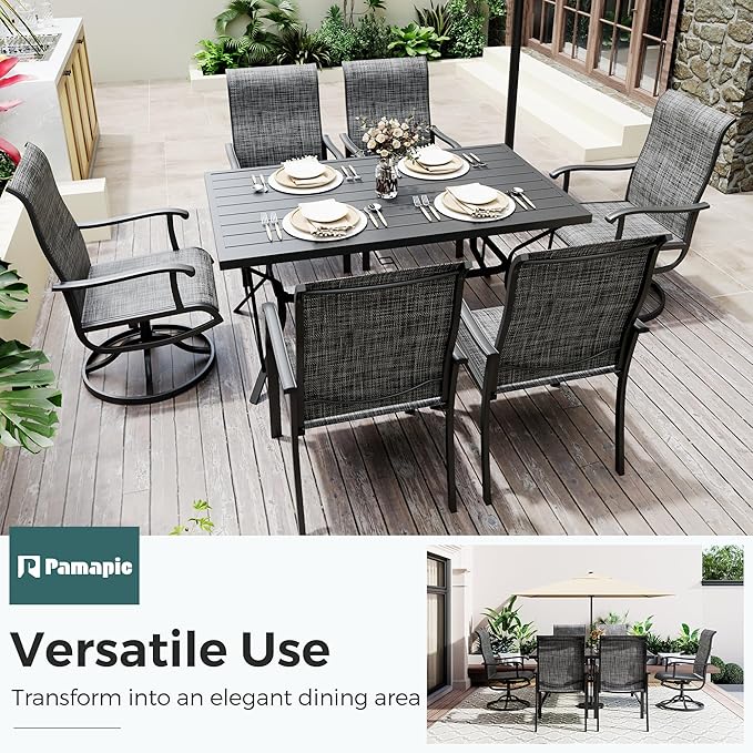 Pamapic 7-Piece Outdoor Dining Set, Patio Dining Set for 6, All-Weather Outdoor Patio Set with 2 Textilene Swivel Chairs & 4 Regular Chairs for Garden, Poolside, Deck，Gray