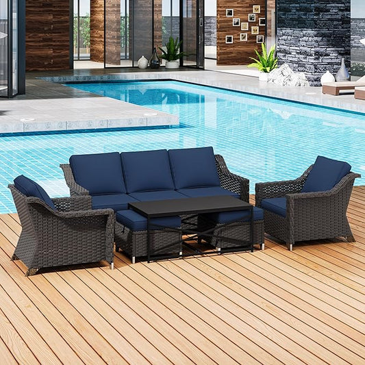 6 Pieces Outdoor Conversation Furniture Set - 77" Patio Sofa, 2 Armchairs, 2 Ottomans, 1 Metal Table, Patio Wicker Couch Set with Washable Cushions for Swimming Pool (Navy Blue)