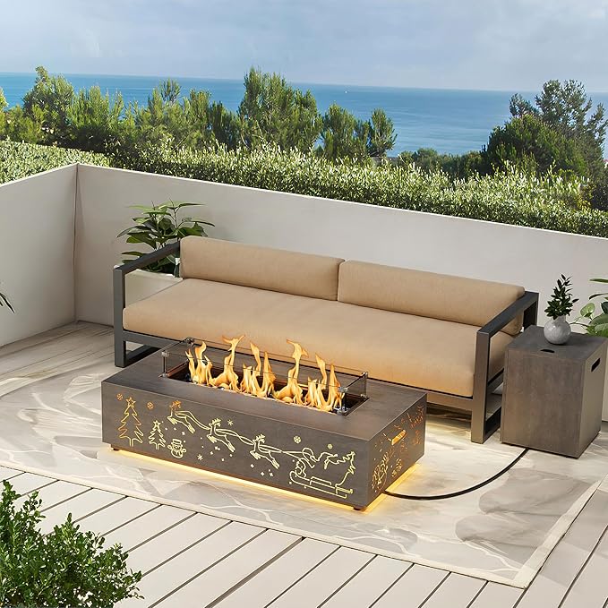 42" Propane Fire Pit Table with Christmas Cutout Decoration and LED Lights – 50,000 BTU with Wind Guard Glass, Lid, Rocks and Cover – Outdoor Fireplace (Grey/Christmas Golden, 42" LED)