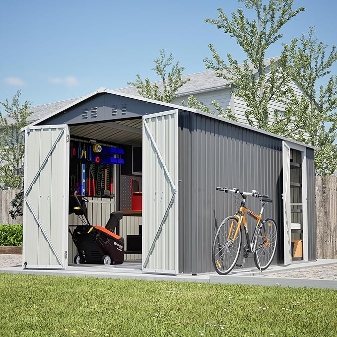 8x12 FT Metal Outdoor Storage Shed,Garden Shed W/ 2 Reversible Lockable Doors & Updated Frame Structure,Outdoor Backyard Tool House W/ 4 Air Vents & Sloped Roof,for Patio,Lawn,Grey