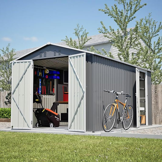 8x12 FT Metal Outdoor Storage Shed,Garden Shed W/ 2 Reversible Lockable Doors & Updated Frame Structure,Outdoor Backyard Tool House W/ 4 Air Vents & Sloped Roof,for Patio,Lawn,Grey
