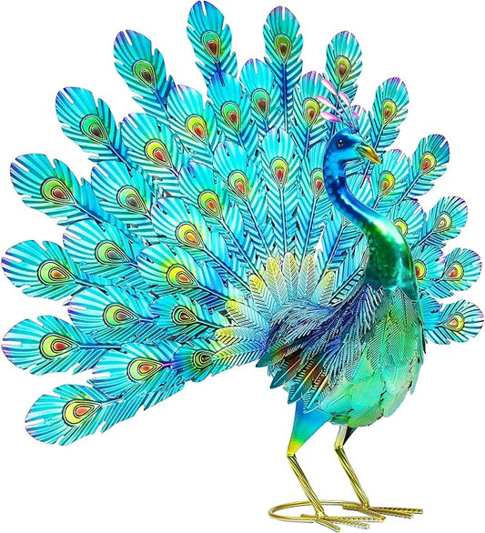 Autodaya 27.5" Tall Metal Peacock Garden Statue - Handmade, 3D Textured, Tail Spread Sculptures for Patio, Garden or Entryway.