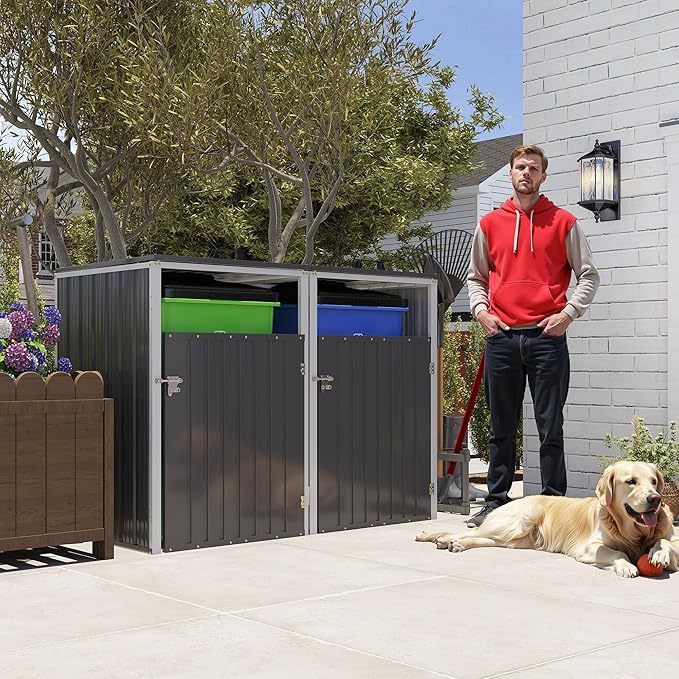 Outdoor Storage Shed Metal Trash Can Storage,54 Cu.Ft Garbage Can Storage Shed W/Lid Chain,Hydraulic Mechanism & Pneumatic Spring Support Rods,for 2 Trash Bins,Bike,Garden Tools,Dark Gray