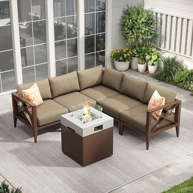 Aluminum Outdoor Furniture Set with Fire Pit Table,5-Seats Conner Patio Sectional Conversation Sofa with 6" All-Weather Cushions and Coffee Table,Outdoor Patio Furniture Set(Brown)