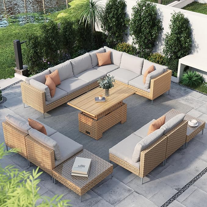 Grand patio 13-Piece Wicker Patio Furniture Set with Lift Top Coffee Storage Table, Outdoor Conversation Set Sectional Sofa with Water Resistant Thick Cushions, Cream