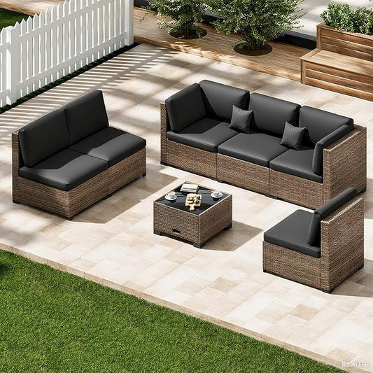 7 Piece Patio Sectional Furniture Set Outdoor Furniture Patio Conversation Sets & Patio Sectional - Hand-Woven Wicker Outdoor Sectional Black Cushions Glass Table