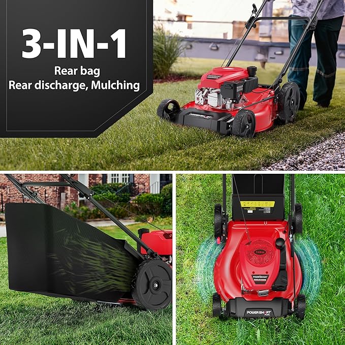 PowerSmart Gas Push Lawn Mower 21" with OHV 144cc Engine, 2-in-1 Mulching and Side Discharge,6 Height Adjustments Easy Assembly & Lightweight, Cordless Push Lawn Mowers for Garden Yard