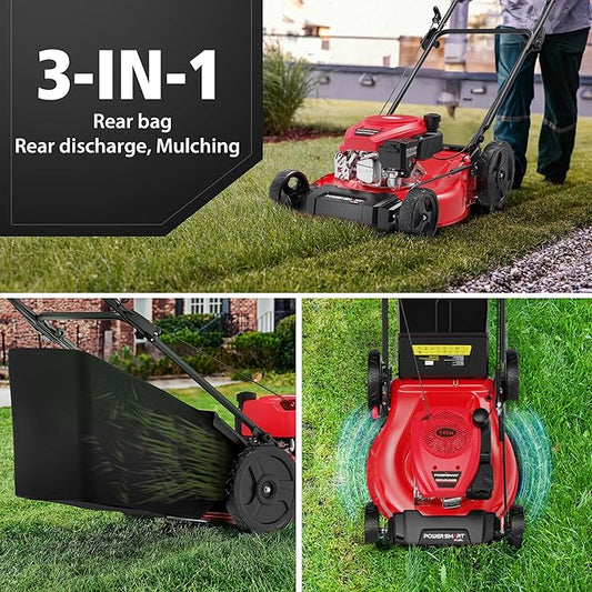 PowerSmart Gas Push Lawn Mower 21" with OHV 144cc Engine, 2-in-1 Mulching and Side Discharge,6 Height Adjustments Easy Assembly & Lightweight, Cordless Push Lawn Mowers for Garden Yard