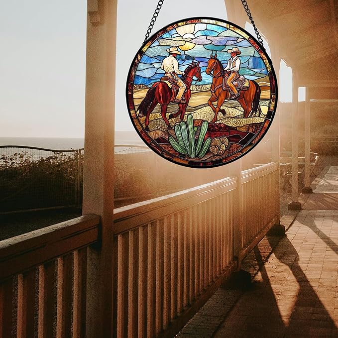 QZQCBLC Stained Glass Window Hanging Western Cowboys Riding Horses Large 11.8" - Suncatcher Door Garden Sun Catcher Home Decor Birthday Christmas for Woman Nana Friend Men Kids