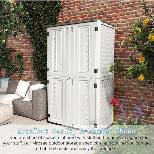 Vertical Resin Storage Shed, 52 Cubic Feet Outdoor Storage Cabinet Waterproof for Garden/Backyard/Home/Pool, Customized Shelves & Lockable(Off White)