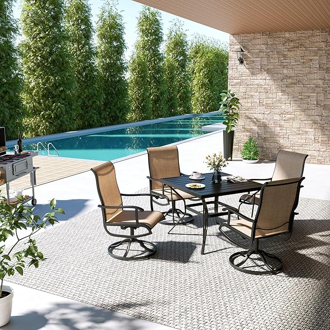 Pamapic 5-Piece Outdoor Dining Set, Patio Dining Set for 4, Outdoor Table and Chairs, All-Weather Outdoor Patio Set with Textilene Swivel Chairs for Garden, Poolside, Deck，Beige