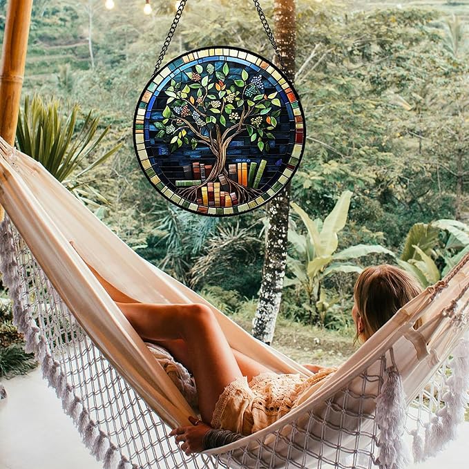 QZQCBLC Stained Glass Window Hanging Green Life Tree Berry Book 9.8" - Blue Suncatcher Door Garden Sun Catcher Home Decor Birthday Christmas for Mom Men Woman Nana Friend
