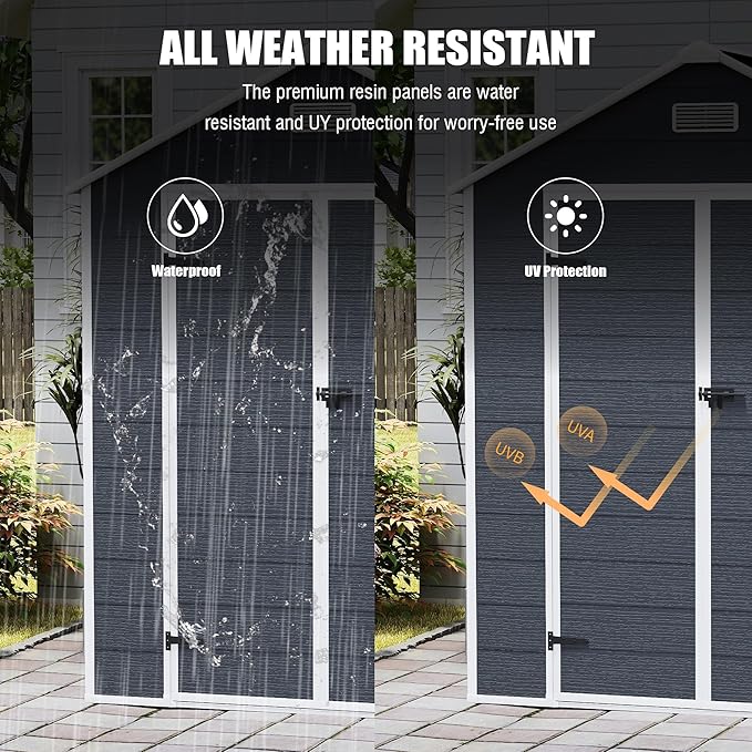 6X6 FT Resin Outdoor Storage Shed, Plastic Garden Sheds with Waterproof Roof & Air Vent,Outside Patio Storage House Tool Shed with Window &Lockable Door for Backyard, Lawn, Dark Grey