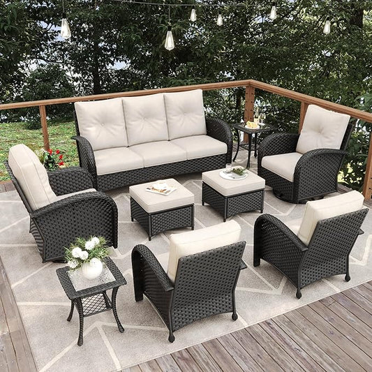9 Pieces Patio Furniture Sets, Wicker Rattan High Back Outdoor Swivel Rocking Chairs Set with 3-Seat Couch, Ottomans and Side Table