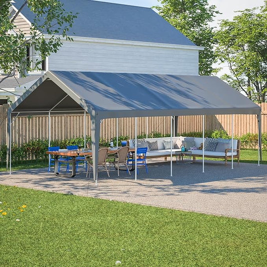 13x26 FT Canopy with 2 Roll-Up Doors,Waterproof Party Tent w/Steel Frame & Ventilation Windows,Carport & Storage Shelter for Vehicle,Car,Grey