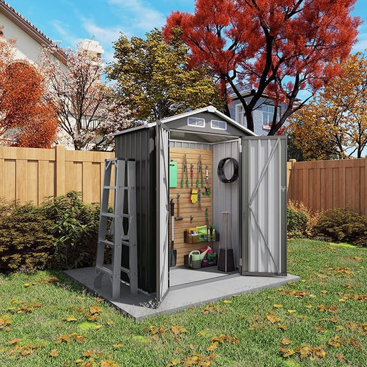 5x3 FT Outdoor Storage Shed, Metal Shed with with Peaked Roof, Lockable Door, All-Weather Lean to Resin Shed for Garden, Backyard, Patio, Lawn (Gray)