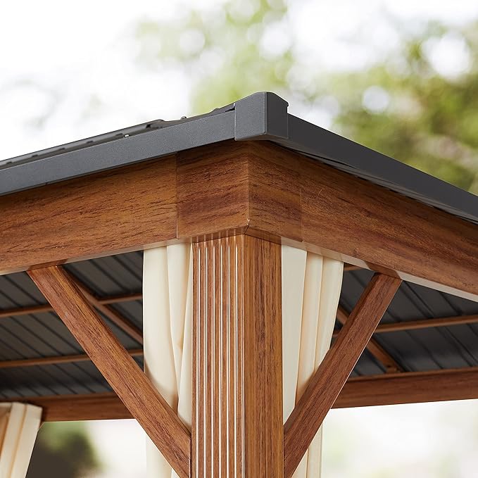 TOOLPORT Hardtop Gazebo 10x10 ft - Wood-Effect Finish - Steel Roof - 4 Side Panels in Champagne