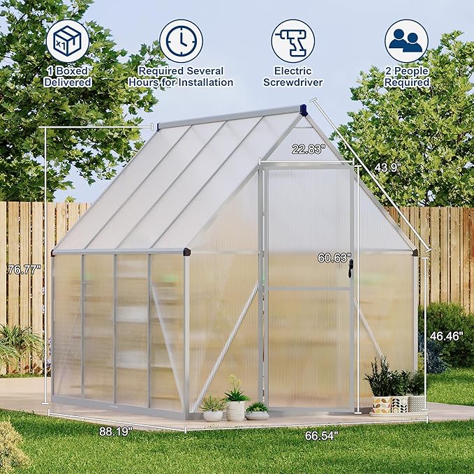 Polycarbonate Greenhouse for Outdoors, Large Walk-InGreenhouse with Quick Setup Structure and Roof Vent, Greenhouse with Ventilation