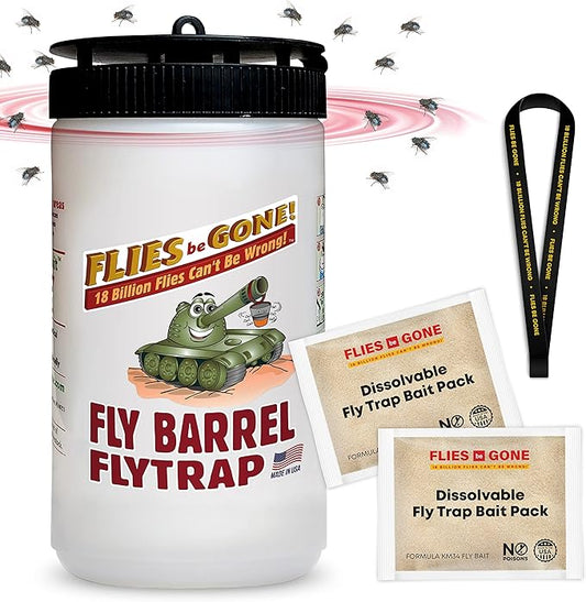 Flies Be Gone Outdoor Fly Trap Reusable – with 2 Dissolvable Fly Attractant Refill Packets & 1 Suspension Strap - Best Non-Toxic Catcher for Your patios, Home and Commercial Use
