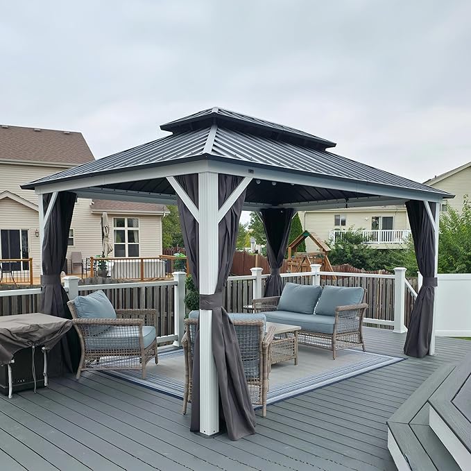 PURPLE LEAF 10' X 14' Hardtop Gazebo Metal Double Roof White Aluminum Frame Outdoor Heavy Duty Gazebo with Curtain and Netting for Patio Garden and Backyard, Grey