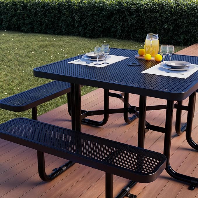 OUTTANS Metal Picnic Tables for Outdoors with Umbrella Hole - Coated Steel Heavy Duty Commercial Grade Furniture with Adjustable Seats (Black, 46 in, Square, Punched Steel)