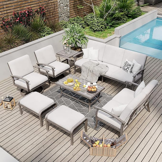HAPPATIO 8 Piece Aluminum Patio Furniture Set, 3-Seat Outdoor Couch and Loveseat, All-Weather Outdoor Sectional Sofa with Swivel Armchairs, Garden Conversation Set with Tables (Gray)