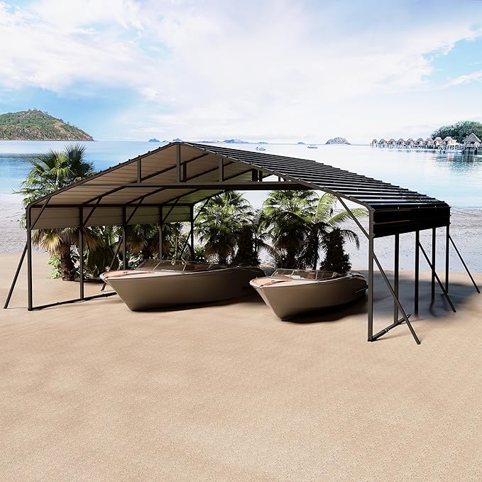 20' x 20' Heavy Duty Metal Carport with Galvanized Steel Roof, Tall MetalCarport Kits Garage for Tractors, Trucks, Boats, Cars, Heavy Duty Metal Roof Carport with Enhanced Base