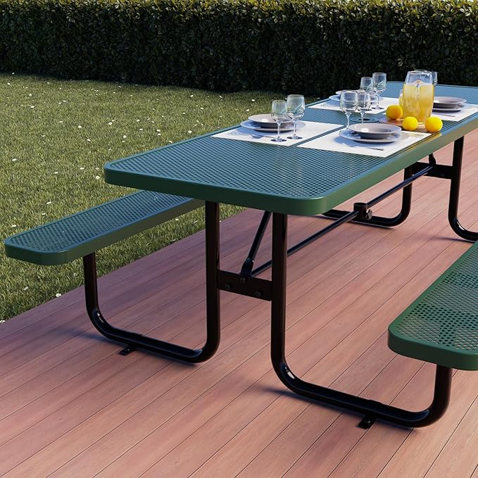 OUTTANS Commercial Heavy-Duty Metal Picnic Table - ADA Compliant, Adjustable Seats, Umbrella Hole (Green, 8' Rectangular, Punched Steel)