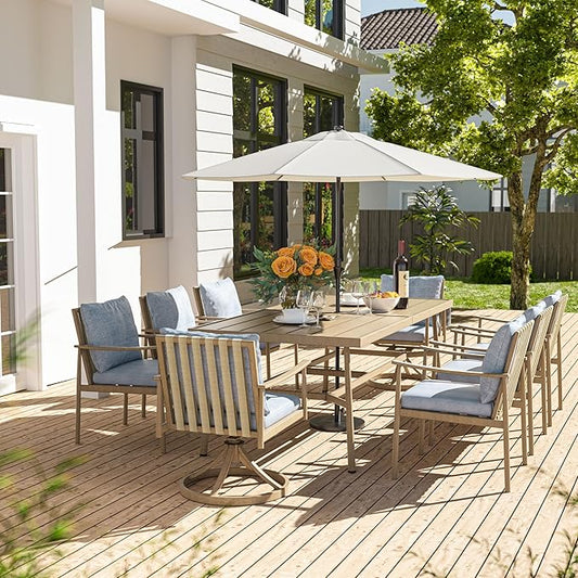 HAPPATIO 9-Piece Patio Table and Chairs Set for 8, Aluminum Outdoor Dining Set with Cushions, 6 Dining Chairs and 2 Swivel Chairs, 1 Large Rectangular Table with Umbrella Hole, Brown