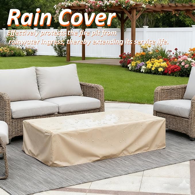 Outdoor Propane Fire Pit Table - 56" White Rectangle Terrazzo Finish Fire Table, Certified, 50000 BTU Stainless Steel Burner with Glass Wind Guard and Tank Table
