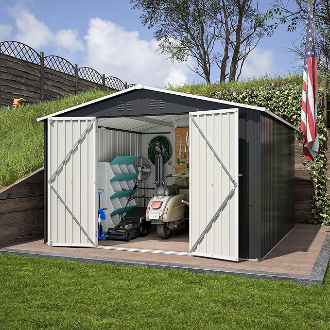 Favfurish 10 x 10 FT Outdoor Storage Shed,Heavy Duty Tool Sheds Metal Storage Garden Shed with Sloped Roof and Lockable Doors,Large Metal Storage Sheds for Backyard Patio Lawn, Black
